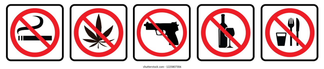 No smoking,no marijuana,no gun,no alcohol,no food symbols collection- Prohibition signs collection