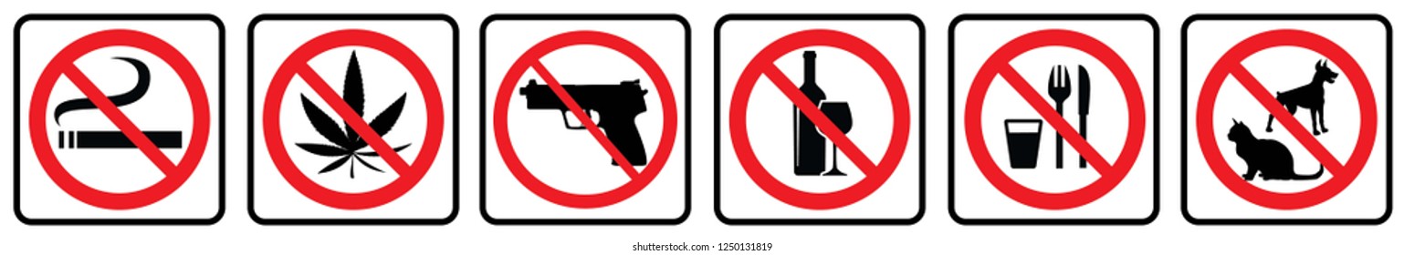 No Smoking,No Marijuana,No Weapon,No Alcohol,No Food,No Pets-Prohibition Sign  