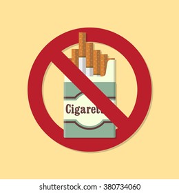 No smoking/The problem of smoking/No smoking icon/No smoking background/The crossed pack of cigarettes on yellow background/Cigarettes pack with shadow/Smoking kills/Vector illustration/Flat icon