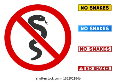 No Snake sign with captions in rectangle frames. Illustration style is a flat iconic symbol inside red crossed circle on a white background. Simple No Snake vector sign, designed for rules,