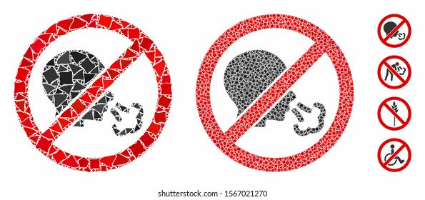 No sneeze mosaic of irregular parts in variable sizes and color tinges, based on no sneeze icon. Vector uneven parts are grouped into mosaic. No sneeze icons collage with dotted pattern.