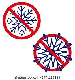 No snowflake symbols. Red prohibition signs. Winter weather icon. Vector illustration.