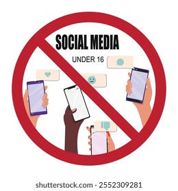 No hay redes sociales. Cartel prohibido que muestra teléfonos con iconos de redes sociales, representando a adolescentes bajo la ley de 16 redes sociales