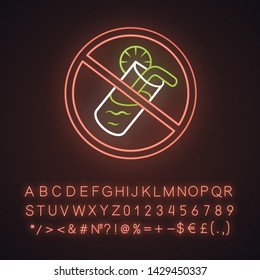 No soft drink neon light icon. High sugar containing fizzy drink. Glowing sign with alphabet, numbers and symbols. No juice and soda. Beverage in plastic takeaway cup vector isolated illustration