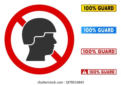 No Soldier sign with captions in rectangle frames. Illustration style is a flat iconic symbol inside red crossed circle on a white background. Simple No Soldier vector sign, designed for rules,