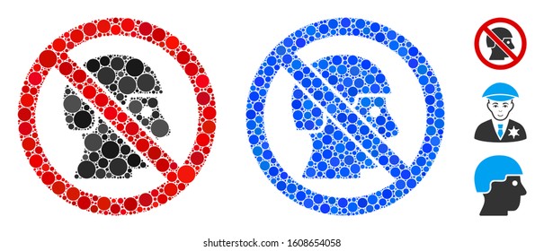 No soldiers composition of spheric dots in variable sizes and shades, based on no soldiers icon. Vector round dots are grouped into blue composition.