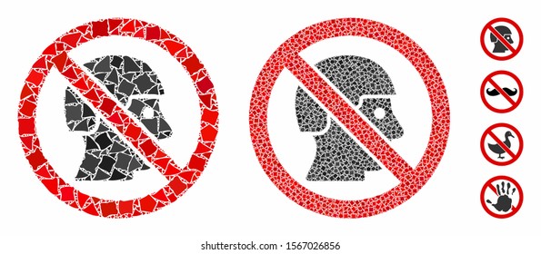 No soldiers mosaic of irregular parts in different sizes and color tints, based on no soldiers icon. Vector uneven parts are united into collage. No soldiers icons collage with dotted pattern.