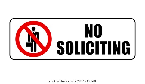 No soliciting,  ban sign with silhouette of  salesman and text. Horizontal shape. Sticker.