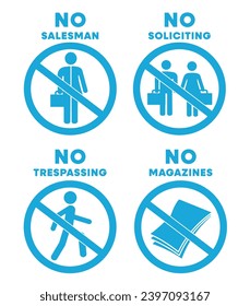 No soliciting no salesman no trepassing and no magazines sign set illustration