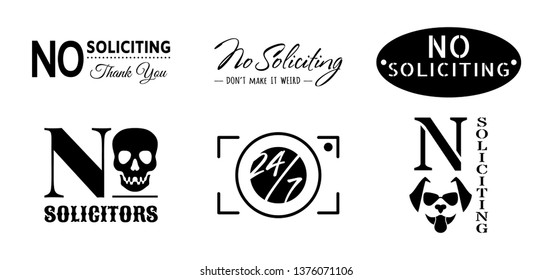 No soliciting signs for house and office door or window. 
Camera, dog & skull designs. Vector illustration isolated on white background.