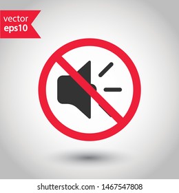 No sound icon, forbidden speakers music vector icon, no loud sound sign design, no voice prohibited icon, no noise vector sign. Warning, caution, attention, restriction, danger flat sign design.