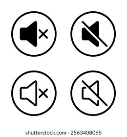 No sound icon set on circle line. Mute volume audio speaker sign symbol