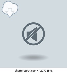 No sound icon with shadow. Cloud of download with arrow.