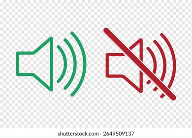 Nenhum sinal de ícone de som ícone de mudo ilustração de vetor. Ícone de mudo do alto-falante. mantenha silêncio sinal de círculo vermelho, verde permitido ícone de vetor redondo eps 10