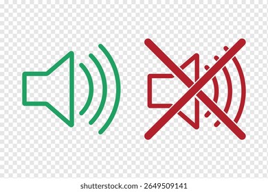 Nenhum sinal de ícone de som ícone de mudo ilustração de vetor. Ícone de mudo do alto-falante. mantenha silêncio sinal de círculo vermelho, verde permitido ícone de vetor redondo eps 10