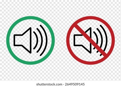 Nenhum sinal de ícone de som ícone de mudo ilustração de vetor. Ícone de mudo do alto-falante. mantenha silêncio sinal de círculo vermelho, verde permitido ícone de vetor redondo eps 10