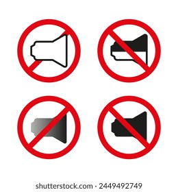 No sound icons. Prohibited speaker signs. Silent mode symbols. Vector illustration. EPS 10.