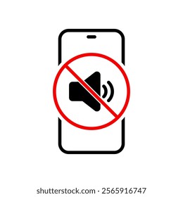 No sound on smartphone screen icon. Mute volume audio phone with forbidden sign symbol