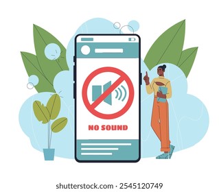 No sound in phone. Woman near mobile phone with silent mode. Blocked sound of notifications, applicatioons and programs. Gadget and device. Flat vector illustration isolated on white background