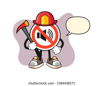 No sound sign firefighter with speech bubble cartoon. Mascot Character vector.