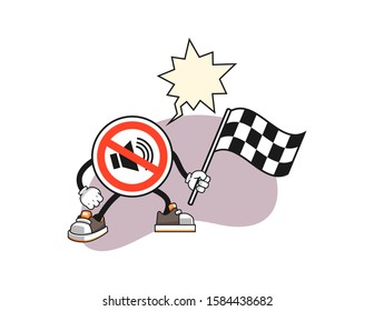 No sound sign hold racing flag with speech bubble cartoon. Mascot Character vector.