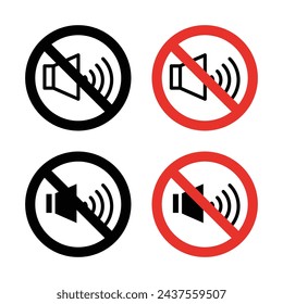 No sound sign icon set. Restriction on noise production vector symbol in a black filled and outlined style. Sound control and quiet zone enforcement sign.