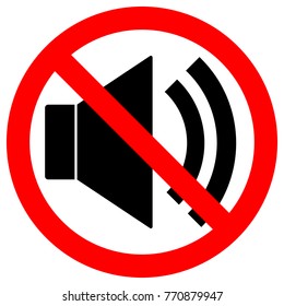 NO SOUND Sign. Loudspeaker Icon In Crossed Out Red Circle. Keep Quiet Symbol. Vector.
