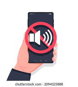 No sound sign for mobile phone. Hand holding smartphone sound off. Volume off or mute mode sign for smartphone. Please silence your mobile phone, smartphone silence zone.