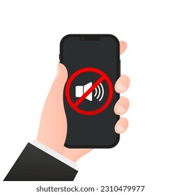 No sound sign for mobile phone. Hand holding smartphone sound off. Volume off or mute mode sign for smartphone. Please silence your mobile phone, smartphone silence zone. Vector illustration