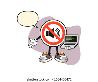 No sound sign programmer with speech bubble cartoon. Mascot Character vector.