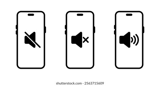 No sound smartphone icon set. Volume speaker on phone screen sign symbol