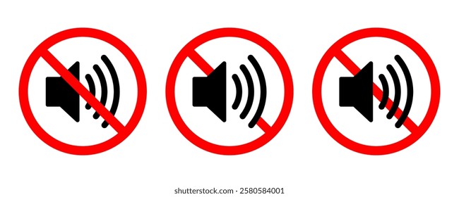 No sound and speaker icon sign set. Volume, up, down, sound, ring, vibrate, silent, mute, media, notification, audio, music, logo, symbol, label, flat, black, line icons. Vector illustration