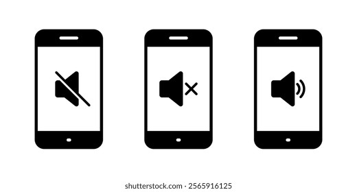 No sound speaker on phone screen icon set. Mute volume and audio on cellphone display sign symbol