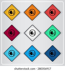 No sound symbol. Flat design style. Made vector illustration. Emblem or label with shadow.