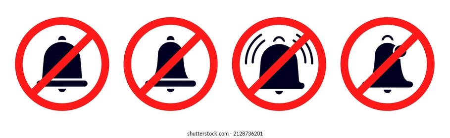 No sound symbol. No music. Notification off circle. Mute mode. Sound restriction circle. Red prohibited ring bell. Stock vector illustration.