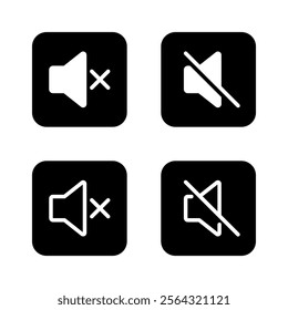 No sound volume icon set on black square. Mute audio speaker sign symbol