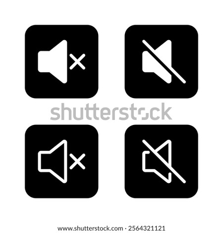 No sound volume icon set on black square. Mute audio speaker sign symbol