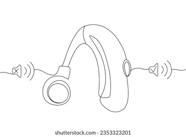 No sound without hearing aid. Perception of sound waves with a hearing aid. International Day of Sign Languages. International Week of the Deaf. One line drawing for different uses. Vector.