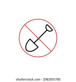 No spade forbidden sign and icon. Isolated vector illustration in line style. Simple slanted symbol with crossed out shovel on white background.
