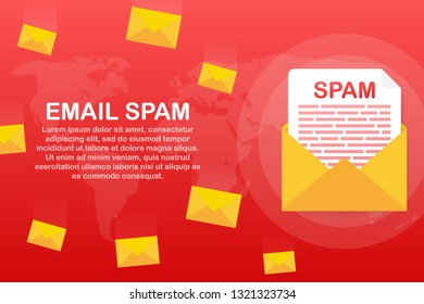 No spam. Spam Email Warning. Concept of virus, piracy, hacking and security. Envelope with spam. Vector stock illustration.