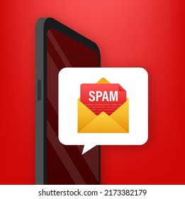 Kein Spam. Spam-E-Mail-Warnung. Konzept von Virus, Piraterie, Hacking und Sicherheit. Umschlag mit Spam. Vektorgrafik.