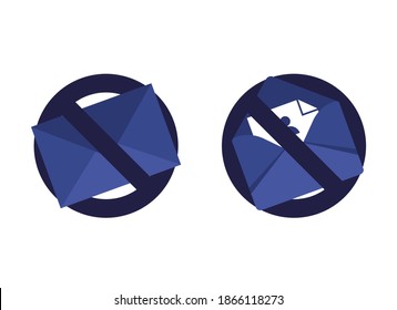 No spam set icon with letter in an envelope. Spam email warning. Stop phishing. On white background. Blue