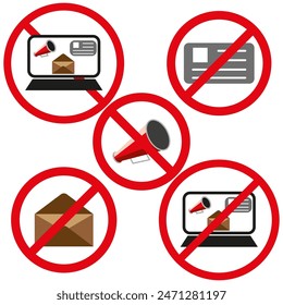 No spam symbols. Red prohibition signs. Laptop, megaphone, envelope icons. Digital marketing ban.