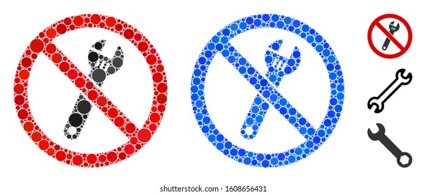 No spanner mosaic of filled circles in variable sizes and shades, based on no spanner icon. Vector filled circles are composed into blue mosaic. Dotted no spanner icon in usual and blue versions.