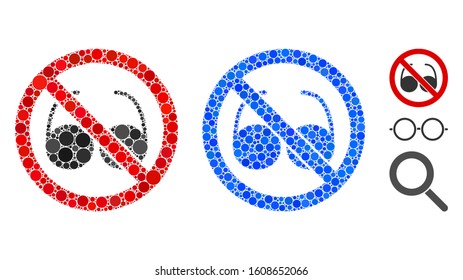 No spectacles mosaic of spheric dots in different sizes and color tinges, based on no spectacles icon. Vector round dots are combined into blue collage.