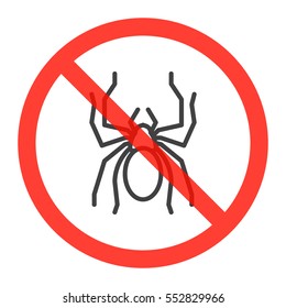 No spiders ban sign, line icon in prohibition red circle, forbidden symbol. Vector illustration isolated on white