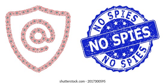 No Spies dirty round watermark and vector fractal collage email address protection. Blue seal contains No Spies text inside round shape.