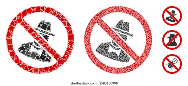 No spies icon mosaic of irregular parts in variable sizes and color tints, based on no spies icon. Vector joggly dots are organized into collage. No spies icons collage with dotted pattern.