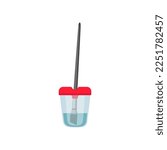 No spill paint cup with brush for artists cartoon illustration. No spill paint cup with red lid for drawing on white background, painter supply. Art, stationery concept