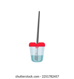 No spill paint cup with brush for artists cartoon illustration. No spill paint cup with red lid for drawing on white background, painter supply. Art, stationery concept